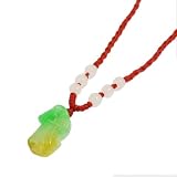 Rosallini Ladies Red Braid String Beads Yellow Green Faux Jade Dangling Pendant Necklace