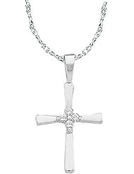 10k White Gold Natural Round Diamond Cluster Womens Christian Roman Cross Dainty Small Fashion Pendant - (1/20) .05 Ct.t.w.