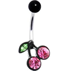 Black Sexy Cherry Passion Pink Gem Dangle Belly Ring