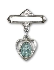 Sterling Silver Baby Badge with Blue Heart/Miraculous Charm and Polished Badge Pin