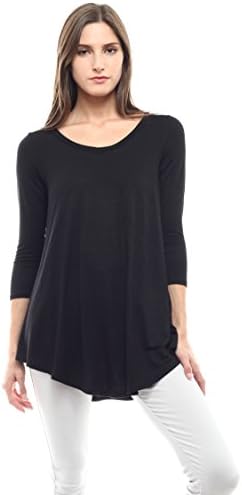 ALYGNE Womens "Lori" Basic 3/4 Sleeve Curved Hem Vneck Tunic Top BLACK-S