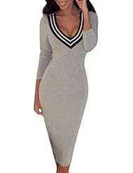 Sexy V-neck Cotton/Knit Long Sleeves Knee Length Sheath Bodycon Dress/Club Dress/Evening Dress/Party Dress/Midi Dress 