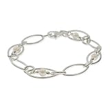 Eve's Addiction Pretty Almond Shaped Freshwater Pearl Silver Link Bracelet