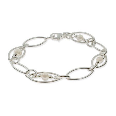 Eve's Addiction Pretty Almond Shaped Freshwater Pearl Silver Link Bracelet