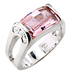 Size 8 - 4.00 Ct Emerald Cut Pink Solitaire Tension Set Cubic Zirconia Cz Ring with Pave Set Stones on Both Sides