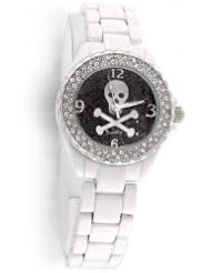 Bling Jewelry Stainless Steel CZ White Enamel Black Skull Watch