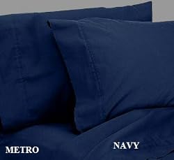METRO Bed Sheet Set 500 Thread Count Solid Sateen 100% Egyptian Cotton Navy Blue (Queen).