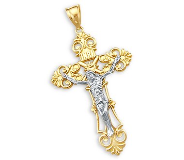 14k Yellow and White Gold Cross Crucifix Pendant Huge
