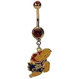 Gold Plated NCAA University of Kansas Jayhawks Logo Red Jewels Dangling Belly Button Ring - Free Shipping!