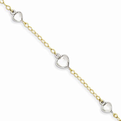 14k Two-tone Two-tone Puffed Heart & Keys Anklet 10"