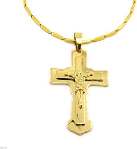 POPLife Men 24" Golden Stainless Steel 3Mm Box Chain Necklace Cross Pendant G3