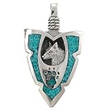 Southwestern Wolf and Wolf Paw Arrowhead Pendant in Sterling Silver with Turquoise Chip Inlay for Men or Women, #10364