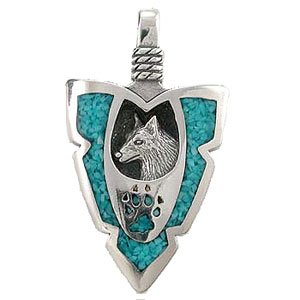 Southwestern Wolf and Wolf Paw Arrowhead Pendant in Sterling Silver with Turquoise Chip Inlay for Men or Women, #10364
