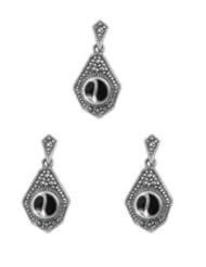 Sterling Silver Onyx Yin Yang Irregular Diamond Marcasite Earring Pendant Set