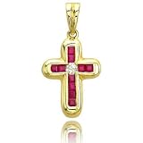 .04 carat Round Cut Diamond .26 ct Ruby Princess 14K Yellow Gold Cross Charm Pendant