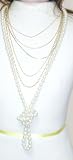 Hrclip045 Genuine Gold Plated Five Strand Medium Chain Necklace with Sparkling Crystals and Rhinestone Offered with Very Long Shown Simulated Ivory Pearl Necklace for Women and Teens