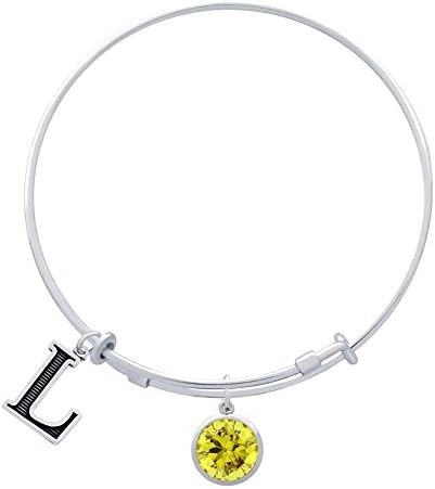 Jenaforte © .925 Sterling Silver Expandable Charm Bangle Birthstone &amp; Initial Charms L-NOV