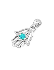 Sterling Silver Blue Opal Hamsa Hand Jewish Star (star of david) Pendant - 19mm