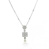 Bling Jewelry Sterling Silver 12MM Freshwater Pearl CZ Pave Greek Key Drop Pendant Necklace