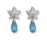 18K White Gold Designer Starfish Drop Earrings with Pave Diamonds .49ct and Aquamarine Briolette