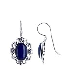 Oval Blue Lapis Sterling Silver Filigree French Ear Wire Drop Earrings
