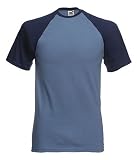 Fruit of the Loom short sleeve baseball t-shirt Steel blue and deep navy Medium (38 - 40 inch chest)