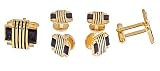 Gold plated and black enamel cufflinks and shirt stud set with presentation box.