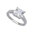 Sterling Silver Solitaire Engagement Ring With Princess Cut Cubic Zirconia and Paved Sides