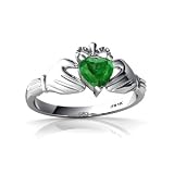 14K White Gold Heart Genuine Emerald Celtic Claddagh Ring
