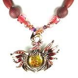 Red Austrian Rhinestone Beads Faux Amber Phoenix Bird Copper Tone Necklace