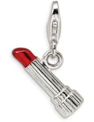 Amore LaVita(tm) Sterling Silver Enameled, Polished and Textured Lipstick w/Lobster Clasp Charm for Charm Bracelet