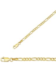 8" 14K Yellow Gold 3.1mm (1/8") Polished Diamond Cut Alternate 3 Round 1 Long Oval Shape Classic Figaro Chain w/ Lobster Clasp