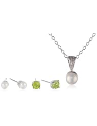 Sterling Silver White Chinese Freshwater Pearl (4.5-5mm) and Peridot Earrings and Pendant Necklace Jewelry Set, 18"