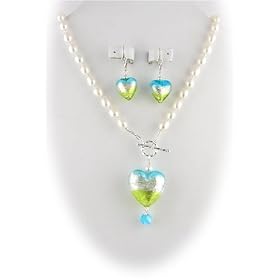 Aqua Lime Green Murano Glass Heart Pendant Earrings Freshwater Pearl Lariat Necklace 880