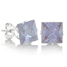 June Birthstone Lavender Violet Princess Cut Cubic Zirconia CZ Silver Stud Earrings