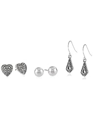 Artisan Filigree Antiqued Silver-Tone Heart Trio Earrings Jewelry Set