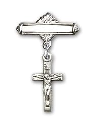 Sterling Silver Baby Badge with Crucifix Charm and Polished Badge Pin