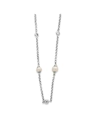 Sterling Silver 18in Alternating Pearl and CZ Necklace. Metal Wt- 6.61g