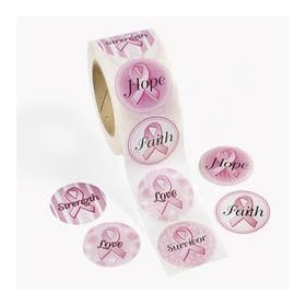 Roll of 500 PINK RIBBON Breast CANCER Stickers/FAITH/Hope/STRENGTH/COURAGE