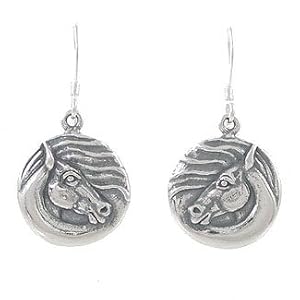 Round Windswept Horse Dangle Earrings in Sterling Silver, #8071