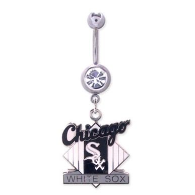 Chicago White Sox 316L Stainless Steel Belly Ring with Cubic Zirconia - 14G - 5/8 Inch Bar Length - Sold Individually