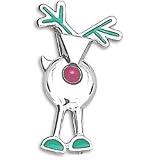 Sterling Silver Reindeer Pin with Red Agate Nose and Green Enamel Antlers and Hooves
