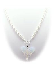 Carved Butterfly Opalite Pendant Freshwater Pearl Lariat Sterling Silver Toggle Necklace
