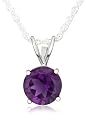 Sterling Silver 8mm Round Amethyst Pendant w/ Light Rope Chain, 18"