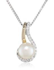 S&G Sterling Silver and 14k Yellow Gold 6.5mm Freshwater Cultured Pearl and Diamond Pendant Necklace (0.06 cttw, I-J Color, I3 Clarity), 18"