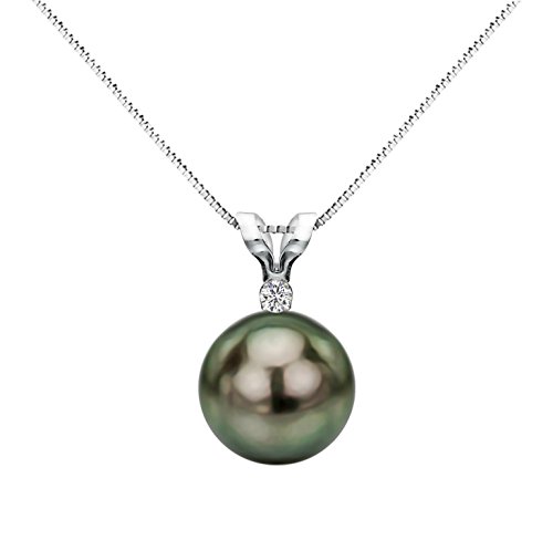 14k White Gold 1/20 tcw Round Tahitian Cultured Pearl and Diamond Pendant Necklace 18