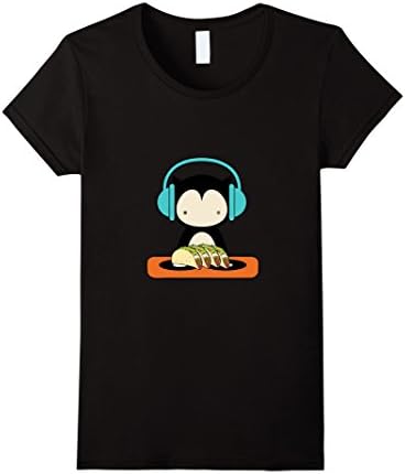 Women's DJ Cat Kitty Spinning Vinyls Tacos Headphones Music T-Shirt Medium Black