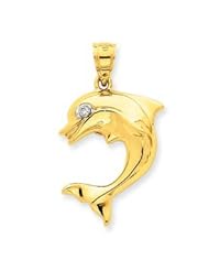 14K Yellow Gold Dolphin with Diamond Eye Pendant
