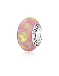 Mothers Day Best Gift Gemstone Wheel Lab Pink Opal Charm Bead on Sterling Silver Whole Core, Fits Jovana and All Brands Charm Bead Bracelets and Necklace.