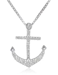 Sterling Silver 1/10 cttw Diamond Anchor Pendant Necklace, 18"